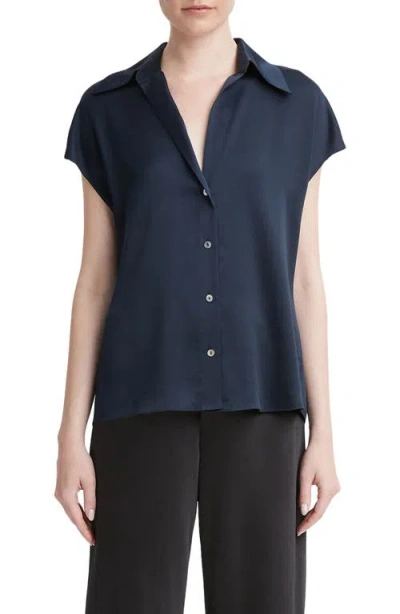 Vince Cap-sleeve Linen Button-front Blouse In Coastal Blue