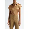 Vince Cap Sleeve Gathered Back Short Sleeve Silk Button-up Shirt In Light Nile