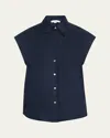 Vince Cap-sleeve Linen Button-front Blouse In Blue