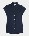 Vince Cap-sleeve Linen Button-front Blouse In Coastal Blue