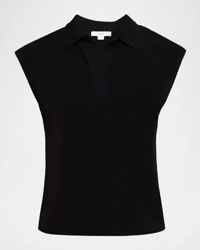 Vince Cap-sleeve Polo Top In Black