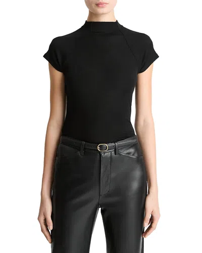Vince Wool Raglan Cap-sleeve Mock-neck Top In Black