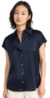 Vince Cap Sleeve Gathered Back Short Sleeve Silk Button-up Shirt In Coastal