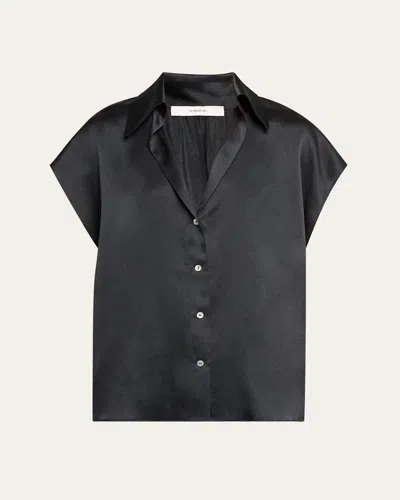 Vince Cap-sleeve Ruched-back Silk Blouse In Black