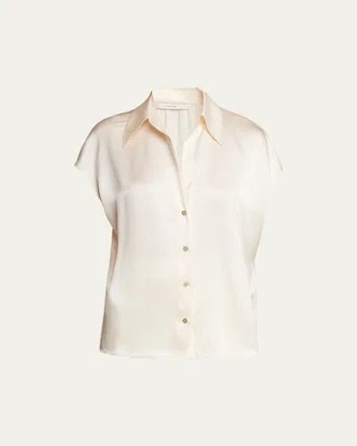 Vince Cap-sleeve Ruched-back Silk Blouse In Neutral
