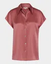 Vince Cap-sleeve Ruched-back Silk Blouse In Peony Wood