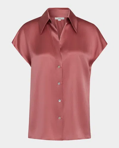 Vince Cap-sleeve Ruched-back Silk Blouse In Peony Wood