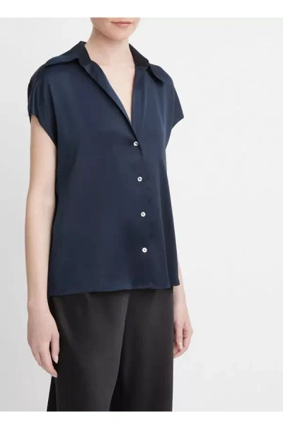 Vince Cap Sleeve Ruched Blouse In Coastal In Blue
