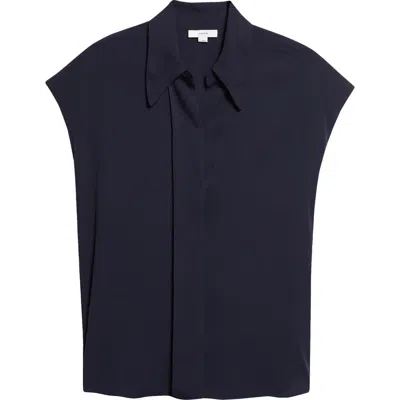 Vince Cap Sleeve Stretch Silk Button-up Shirt In Blue