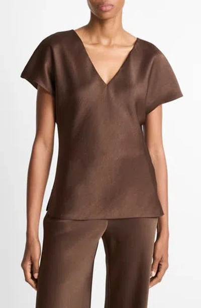 Vince Cap Sleeve V-neck Top In Brown
