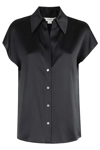 Vince Cap Slv Ruched Bk In Black