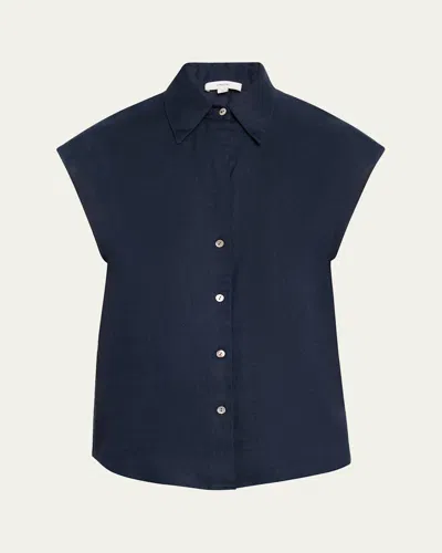 Vince Cap-sleeve Linen Button-front Blouse In Coastal Blue