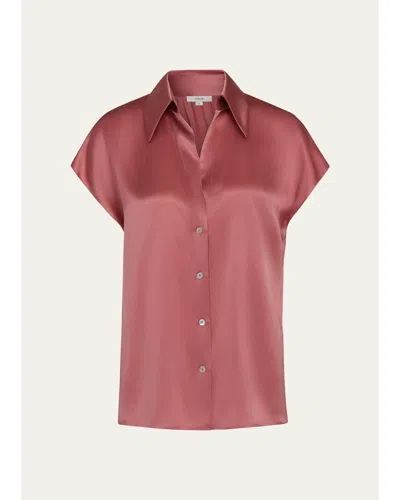 Vince Cap-sleeve Ruched-back Silk Blouse In Pink