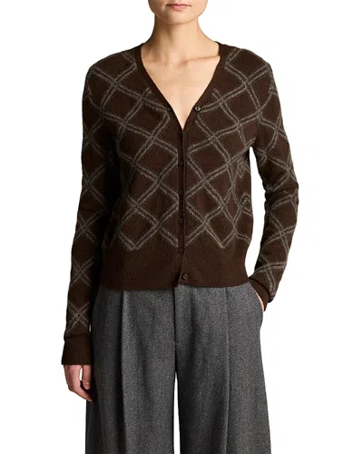 Vince Cashmere Diamond Plaid Long Sleeve Cardigan In Brown