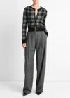 Vince High Waisted Micro Check Wide Leg Wool-blend Trouser In Black