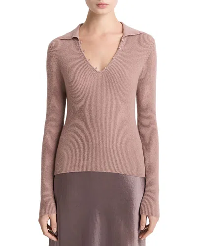 Vince Cashmere Silk Ribbed Button Loop Polo Top In Neutral