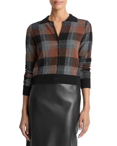Vince Check Plaid Cashmere Polo Cardigan In Black