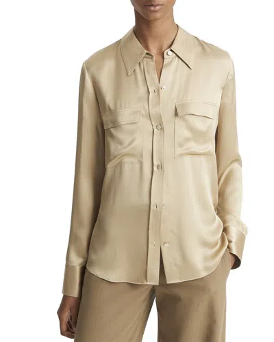 Vince Chest Pocket Silk Blouse In Brown