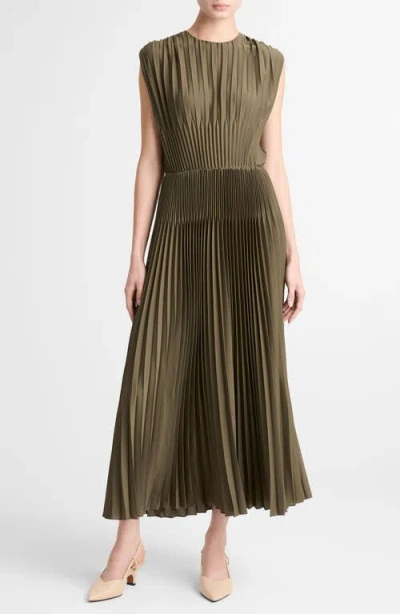 Vince Chevron Pleated Sleeveless Midi Dress In Green