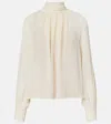 Vince Draped Ruffle Mock Neck Crepe Top In White
