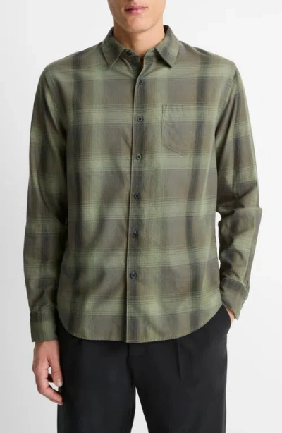 Vince Classic Fit Plaid Cotton Button-up Shirt In Olive Leaf/black