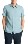Vince Classic Fit Short Sleeve Linen Shirt In Blue