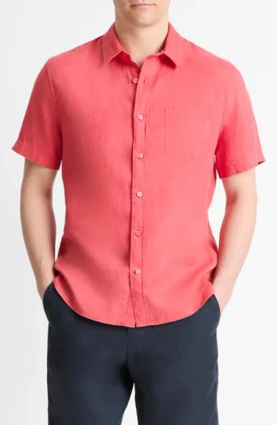 Vince Classic Fit Short Sleeve Linen Shirt In Coral Red
