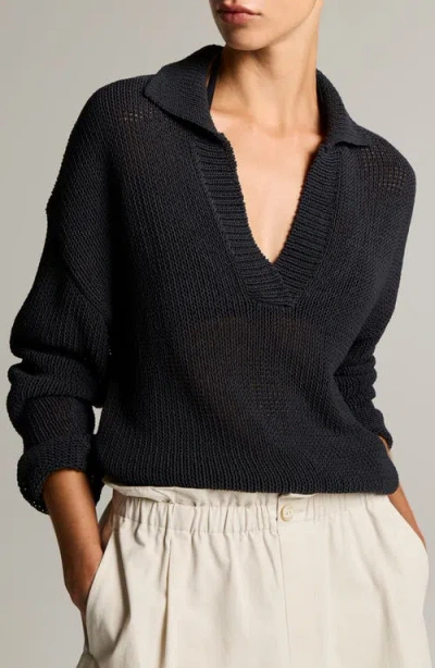 Vince Coated Cotton Blend Polo Sweater In Black
