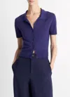 Vince Collared Button Up Short Sleeve Sweater In Deep Iris In Multi
