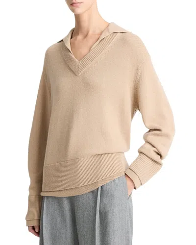 VINCE VINCE COLLARED DOUBLE LAYER WOOL & CASHMERE-BLEND PULLOVER