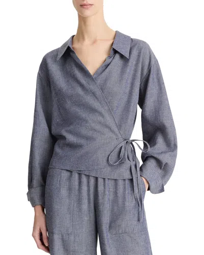 Vince Collared Linen-blend Wrap Top In Blue