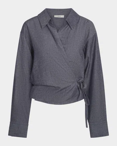 Vince Collared Linen-blend Wrap Top In Mid Indigo