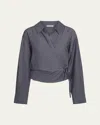 Vince Collared Linen-blend Wrap Top In Mid Indigo