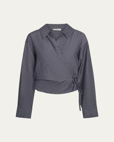 VINCE COLLARED LINEN-BLEND WRAP TOP
