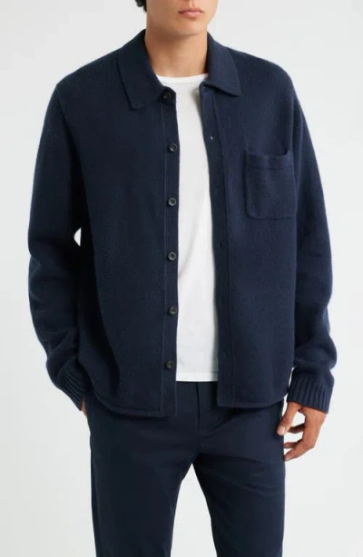 Vince Contour Hem Lambswool Cardigan In Blue