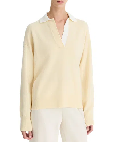 Vince Contrast Collar Cashmere-blend Polo In Butter/off White