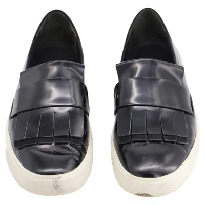 Pre-owned Vince Conventry Kiltie Fringe Slip-on Sneakers In Black Leather