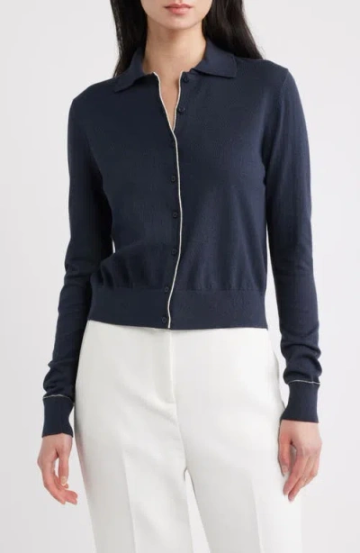 Vince Cotton & Cashmere Blend Tipped Cardigan In Blue