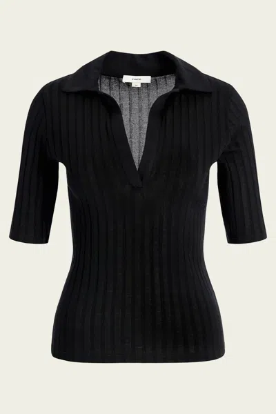 VINCE COTTON ELBOW-SLEEVE POLO SHIRT IN BLACK