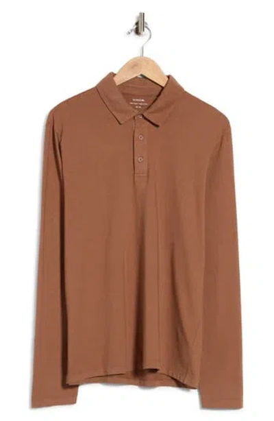 Vince Cotton Long Sleeve Polo In Brown