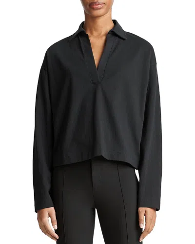 Vince Long-sleeve Silk Pullover Polo Top In Black