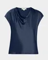 Vince Cowl-neck Cap-sleeve Satin Blouse In Blue