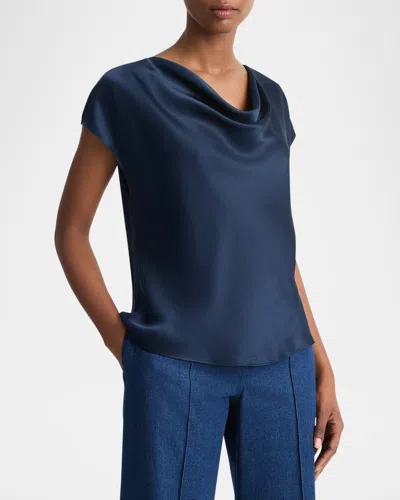 Vince Cowl-neck Cap-sleeve Satin Blouse In Coastal Blue