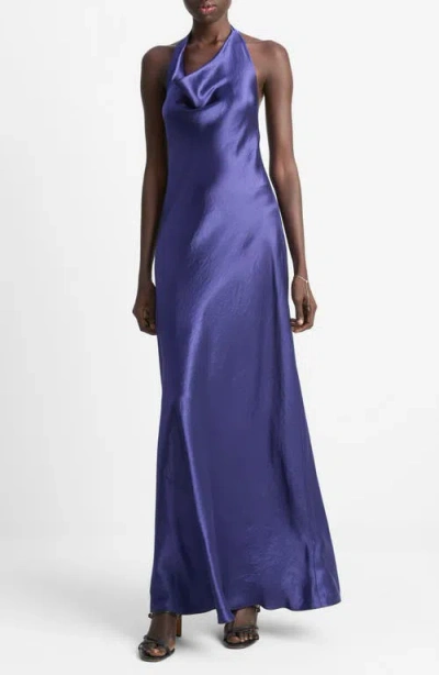 Vince Cowl Neck Satin Halter Dress In Purple