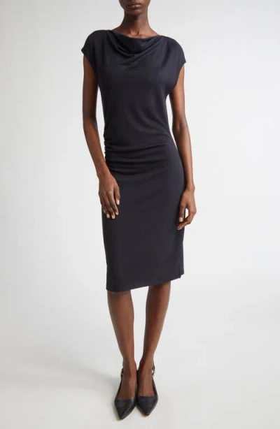 Vince Cowl Neck Side Ruched Knit Dress In Black
