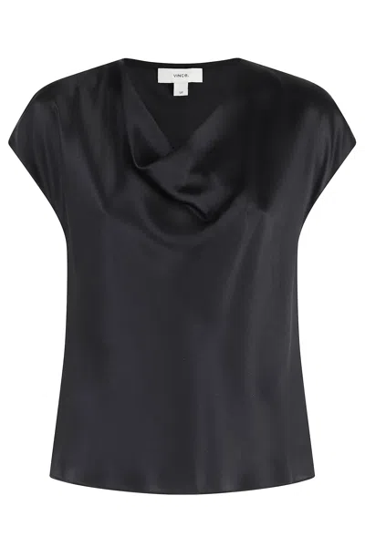 Vince Silk Cowl-neck Blouse In Blk Black