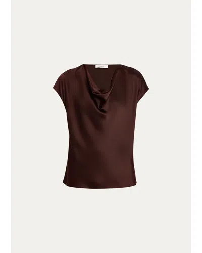 Vince Cowl-neck Cap-sleeve Satin Blouse In Brown