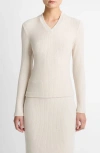 Vince Cozy Rib High V-neck Top In Neutral