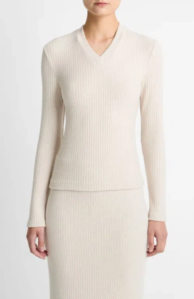 Vince Cozy Rib High V-neck Top In Neutral