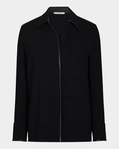 VINCE CREPE BUTTON-FRONT BLOUSE WITH FAUX LEATHER TRIM